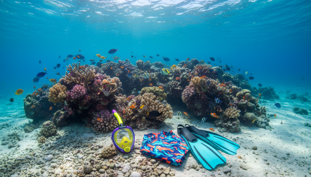 A vibrant underwater scene showcasing essential snorkeling gear. In the foreground, a neatly arranged collection of a colorful mask, fins, and a sleek rash guard, all on a sandy ocean floor. The middle ground features a coral reef teeming with tropical fish in shades of blue, yellow, and orange, creating a lively contrast with the gear. The background includes soft rays of sunlight filtering through clear, turquoise waters, casting a shimmering effect on the sandy bed. The atmosphere conveys excitement and adventure, perfect for snorkeling enthusiasts. The scene is captured with a wide-angle lens, emphasizing depth and detail, and creating an inviting and serene underwater environment. A vibrant underwater scene showcasing essential snorkeling gear. In the foreground, a neatly arranged collection of a colorful mask, fins, and a sleek rash guard, all on a sandy ocean floor. The middle ground features a coral reef teeming with tropical fish in shades of blue, yellow, and orange, creating a lively contrast with the gear. The background includes soft rays of sunlight filtering through clear, turquoise waters, casting a shimmering effect on the sandy bed. The atmosphere conveys excitement and adventure, perfect for snorkeling enthusiasts. The scene is captured with a wide-angle lens, emphasizing depth and detail, and creating an inviting and serene underwater environment.