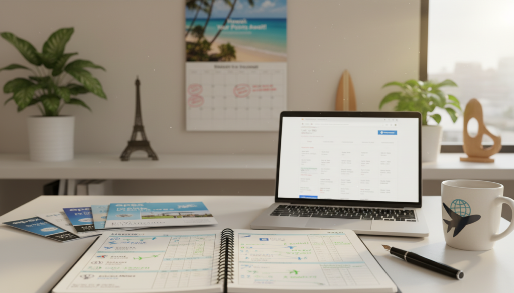A visually engaging scene representing a "points strategy" for affordable flights, showcasing a detailed travel planning desk in the foreground. A well-organized notebook with colorful flight itineraries and point balance sheets is open, along with a laptop displaying a flight comparison website. On the sides, stacks of travel reward brochures and a sleek pen add depth. In the middle ground, a calendar with marked dates for flight booking and an inspirational travel poster of Hawaii's beaches create a thematic connection. The background features a soft-focus view of a bright, sunny travel planning workspace with houseplants and travel souvenirs. The lighting is warm and inviting, simulating a cozy afternoon glow, evoking a sense of optimism and excitement for flight savings and travel adventures. A visually engaging scene representing a "points strategy" for affordable flights, showcasing a detailed travel planning desk in the foreground. A well-organized notebook with colorful flight itineraries and point balance sheets is open, along with a laptop displaying a flight comparison website. On the sides, stacks of travel reward brochures and a sleek pen add depth. In the middle ground, a calendar with marked dates for flight booking and an inspirational travel poster of Hawaii's beaches create a thematic connection. The background features a soft-focus view of a bright, sunny travel planning workspace with houseplants and travel souvenirs. The lighting is warm and inviting, simulating a cozy afternoon glow, evoking a sense of optimism and excitement for flight savings and travel adventures.