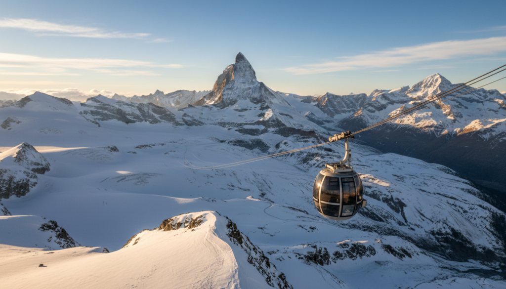 An aerial view of the Matterhorn Glacier Paradise cable car, hovering over breathtaking alpine scenery. In the foreground, the sleek, modern cable car is suspended against a backdrop of pristine white snow and rugged mountain peaks. The middle ground is filled with majestic glaciers, glistening under the bright sunlight, enhancing the icy blue hues of the landscape. In the background, the iconic Matterhorn looms, its sharp summit piercing the bright blue sky scattered with soft, fluffy clouds. The scene is illuminated by warm, natural light, casting gentle shadows on the glacial surface, creating a serene and enchanting atmosphere. Capture this stunning vista from a slight upward angle, showcasing the grandeur of nature and the thrill of the experience. No people are present in the scene, ensuring a focus on the breathtaking landscape. An aerial view of the Matterhorn Glacier Paradise cable car, hovering over breathtaking alpine scenery. In the foreground, the sleek, modern cable car is suspended against a backdrop of pristine white snow and rugged mountain peaks. The middle ground is filled with majestic glaciers, glistening under the bright sunlight, enhancing the icy blue hues of the landscape. In the background, the iconic Matterhorn looms, its sharp summit piercing the bright blue sky scattered with soft, fluffy clouds. The scene is illuminated by warm, natural light, casting gentle shadows on the glacial surface, creating a serene and enchanting atmosphere. Capture this stunning vista from a slight upward angle, showcasing the grandeur of nature and the thrill of the experience. No people are present in the scene, ensuring a focus on the breathtaking landscape.